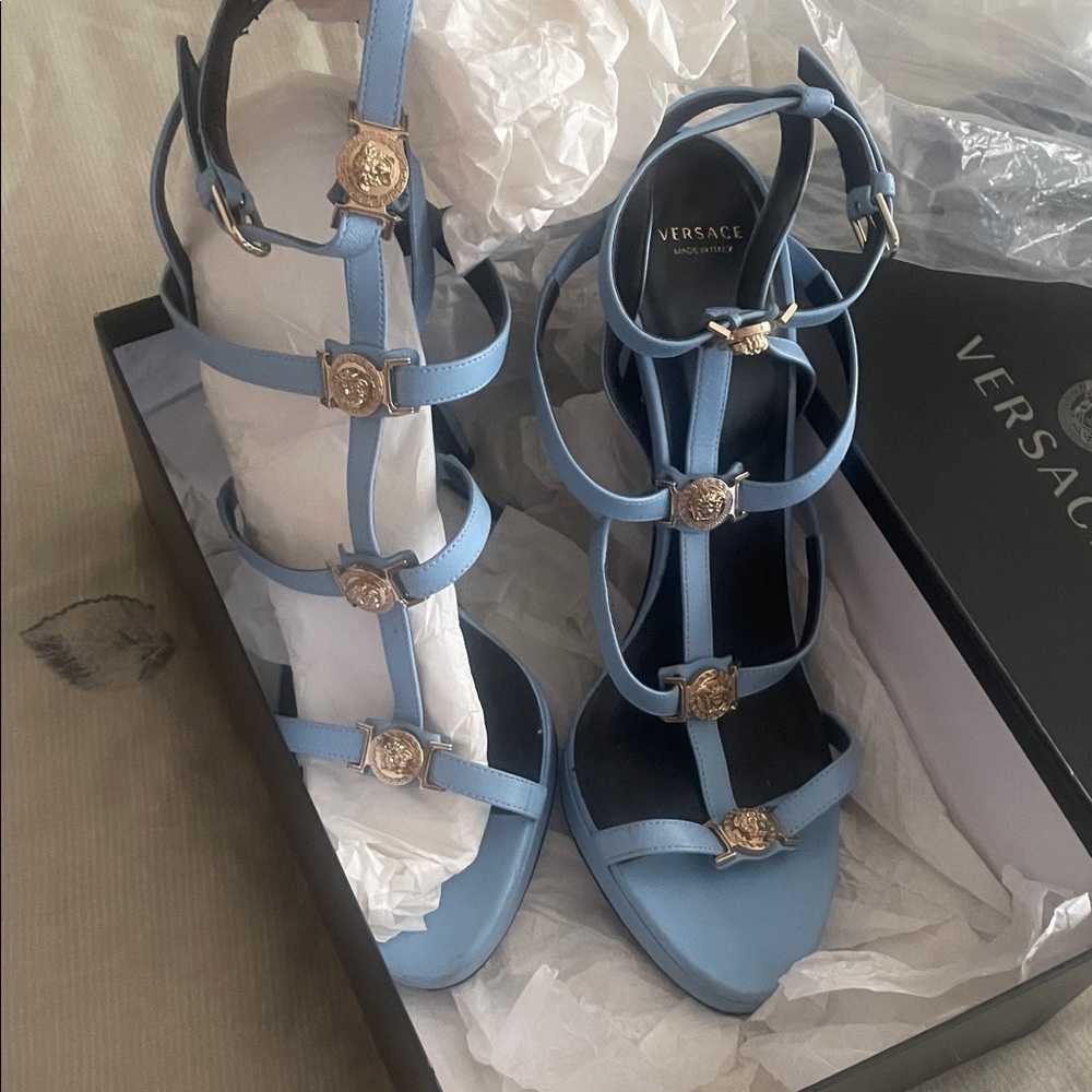 Versace Light Blue Medusa Heels